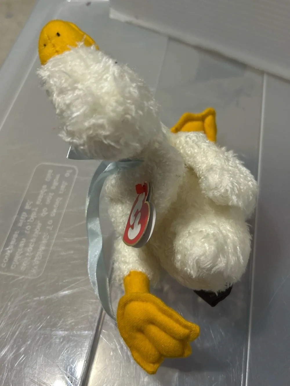 Ty White Plush Duck with Yellow Beak & Feet and Blue Ribbon